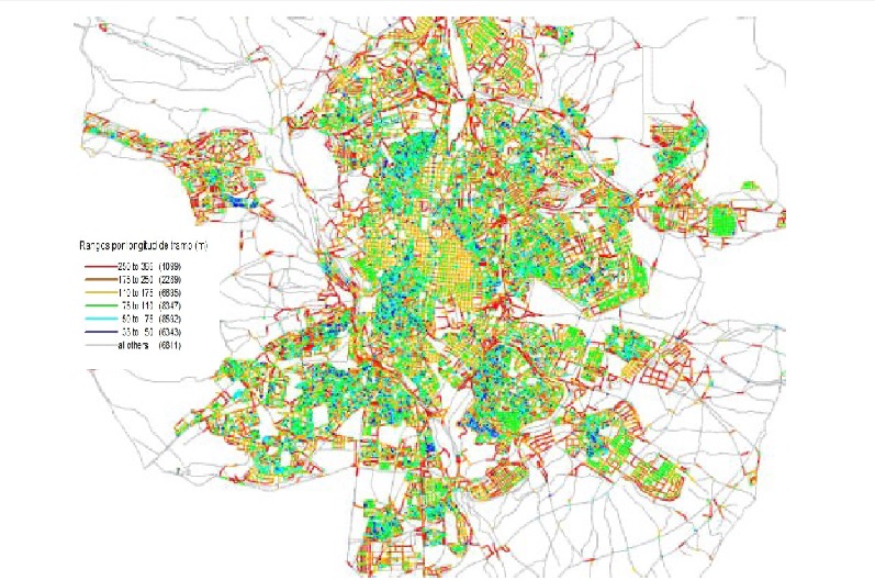 Mapa com trechos de ruas de Madri, segundo extensã