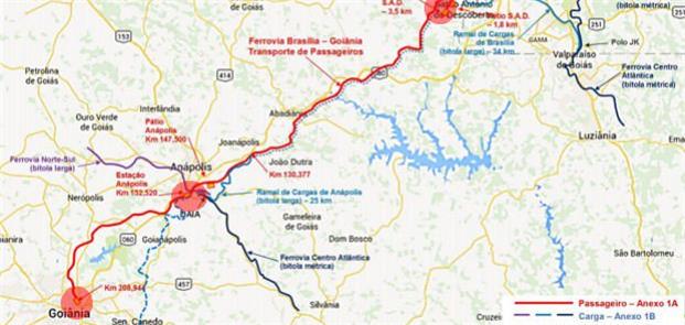 Mapa com o traçado do futuro trem Brasília-Goiânia