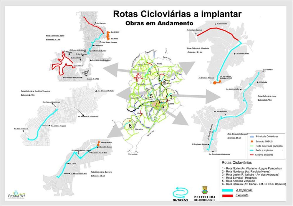 Mapa da rede de Ciclovias de Belo Horizonte, MG
