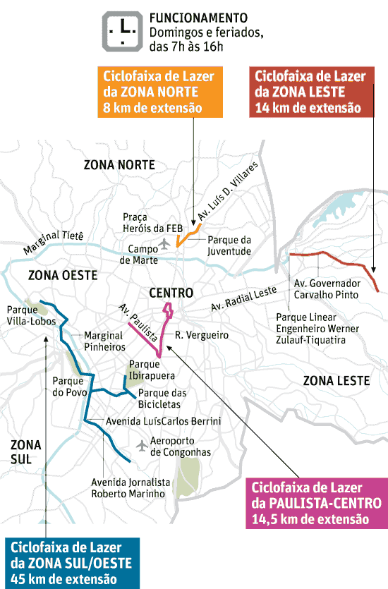 Mapa das ciclofaixas de lazer de São Paulo