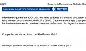 Declaração de ocorrência fornecida pelo metrô