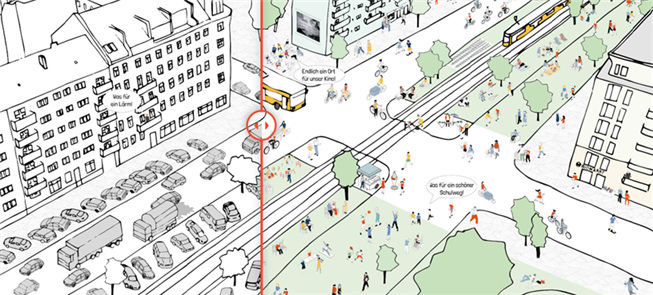 Ilustração interativa: uma rua antes e depois dos