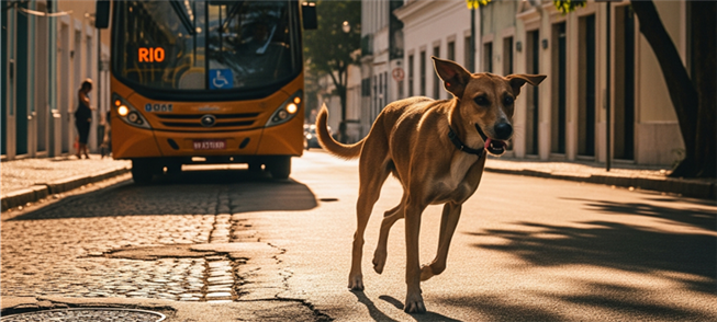 Onibus parado no ponto e cachorro caramelo