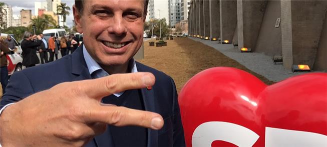 João Doria, em 2017, fazendo o gesto do Acelera SP