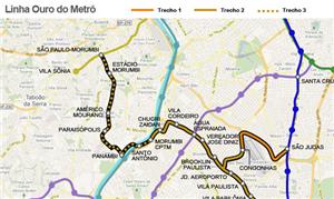 Mapa da futura linha Ouro do metrô