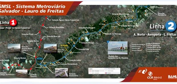 Mapa das linhas do metrô de Salvador