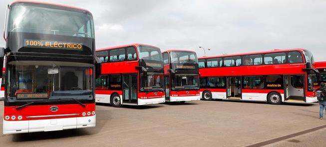 Ônibus de dois andares no pátio, em Santiago