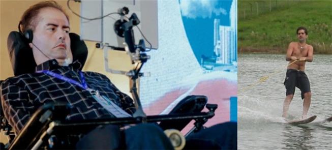 Ricky na cadeira adaptada e antes da ELA, no esqui