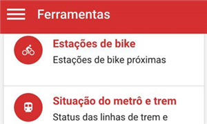 Tela mostra opções de transportes públicos