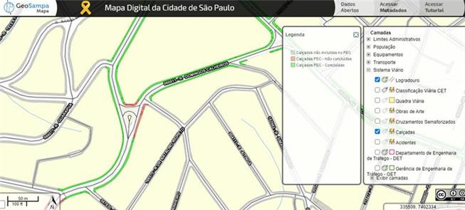 Trecho do mapa digital com destaque para as calçad