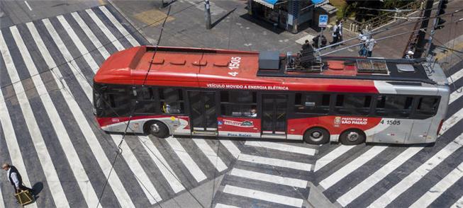 Trólebus cruza a esquina do Viaduto do Chá em SP